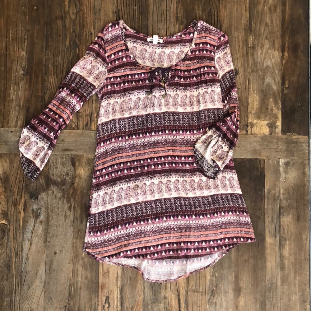 Billabong Paisley Burgundy Casual Flare Sleeve Dress